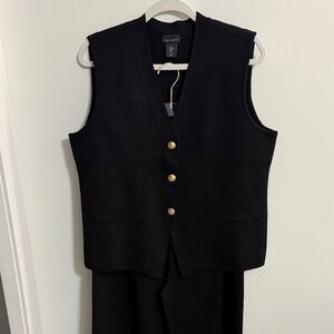 Tahari Black V-Neck Buttoned Vest with Gold Buttons and matching pants.